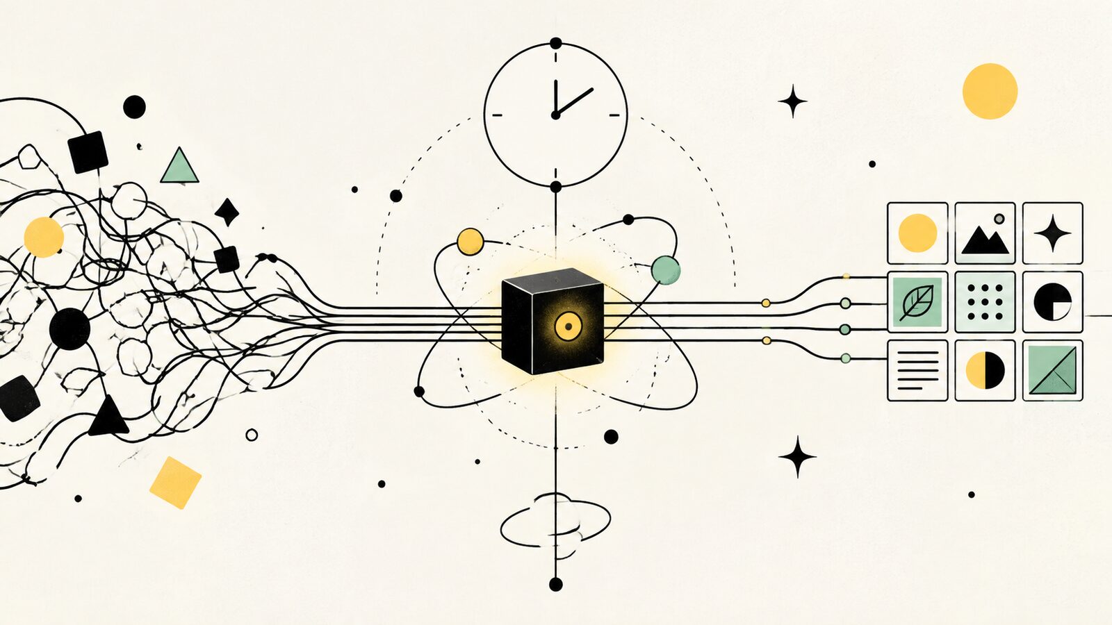 Abstrakte Illustration: verknotete Linien werden zu einem geordneten Raster, in der Mitte ein leuchtender Würfel mit Uhr