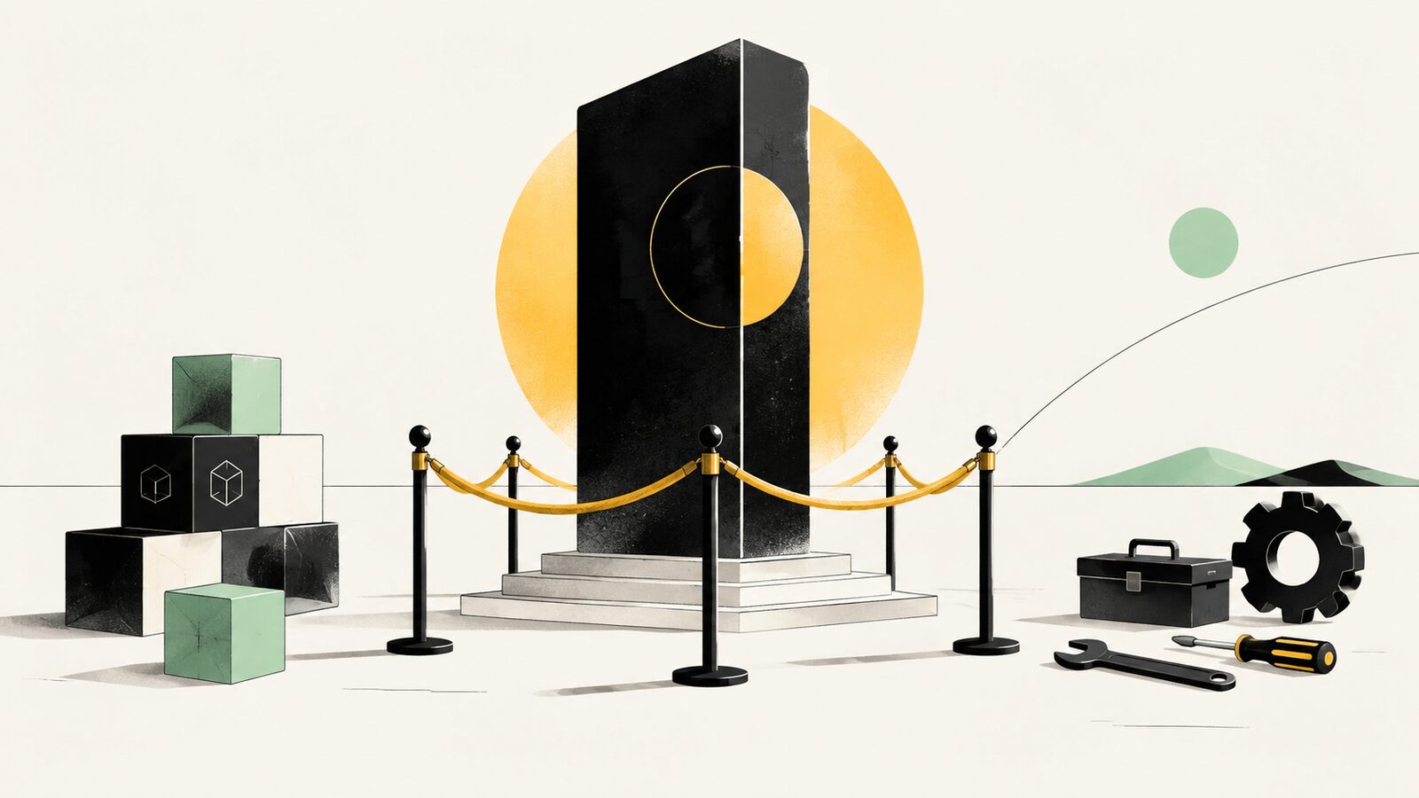 Abstrakte Illustration: ein schwarzer Monolith hinter einer Absperrkordel, daneben Werkzeug und Bausteine