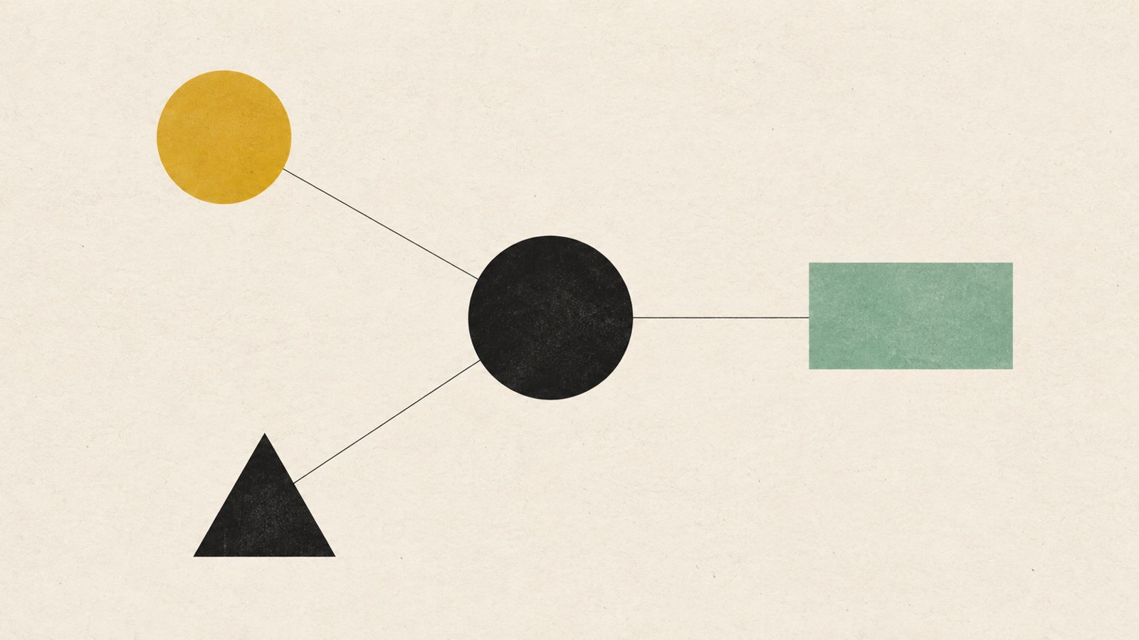 Abstrakte Illustration: ein schwarzer Kreis verbindet ein schwarzes Dreieck, eine gelbe Scheibe und ein mintfarbenes Rechteck mit dünnen Linien