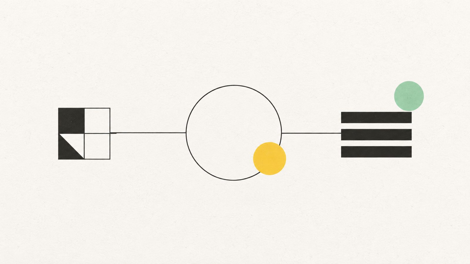 Abstrakte Illustration: ein kleines Quadrat, ein großer Kreis und drei Balken, verbunden durch dünne Linien, mit einer gelben und einer mintfarbenen Scheibe
