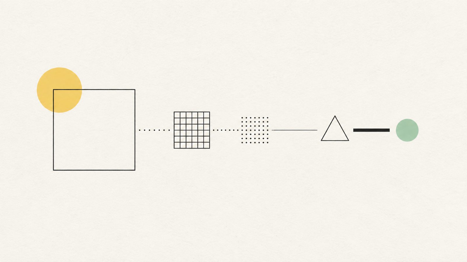 Abstrakte Illustration: ein großes Quadrat schrumpft über ein Raster zu einem Punktfeld, daneben Dreieck, Balken, eine gelbe und eine mintfarbene Scheibe