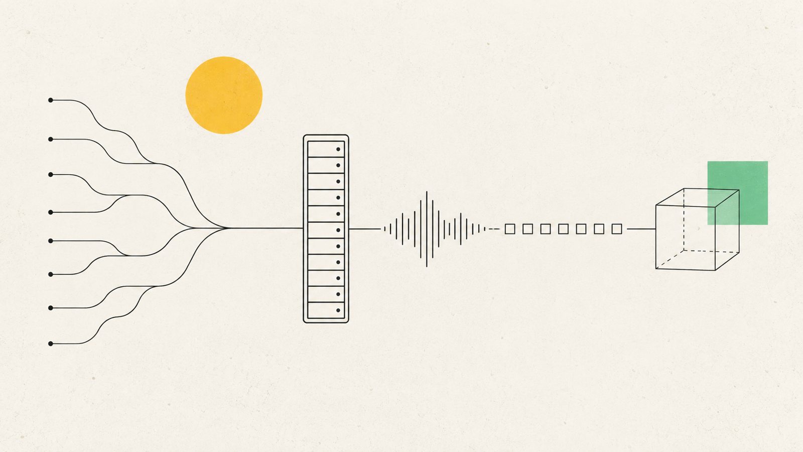 Abstrakte Illustration: viele dünne Linien laufen in eine einzelne Serversäule zusammen, danach eine Schallwelle, die zu kleinen Quadraten wird, und ein Drahtgitter-Würfel, dazu eine gelbe und eine mintfarbene Fläche