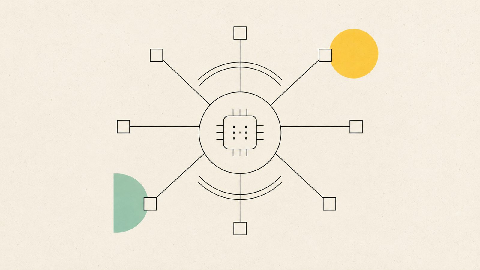 Abstrakte Illustration: ein zentraler Kreis mit Chip, der über dünne Linien mit acht kleinen Quadraten verbunden ist, dazu zwei Bögen und je eine gelbe und mintfarbene Fläche