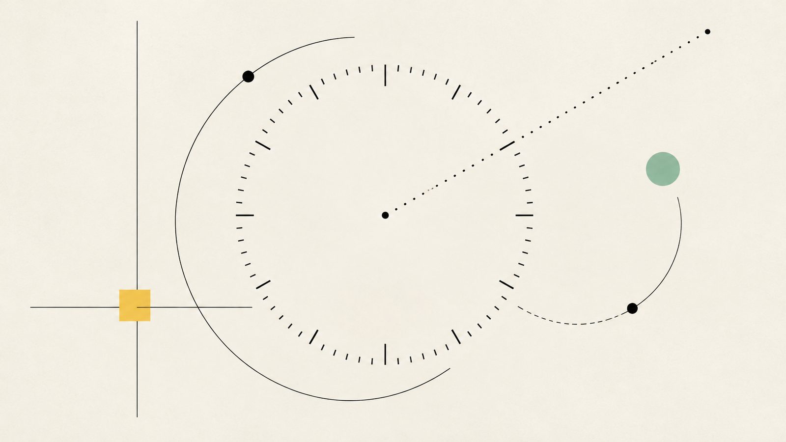 Abstrakte Illustration: ein Zifferblatt aus Strichen ohne Zeiger, aus dem eine gestrichelte Linie entkommt, dazu Bögen, Punkte, ein gelbes Quadrat und ein mintfarbener Kreis