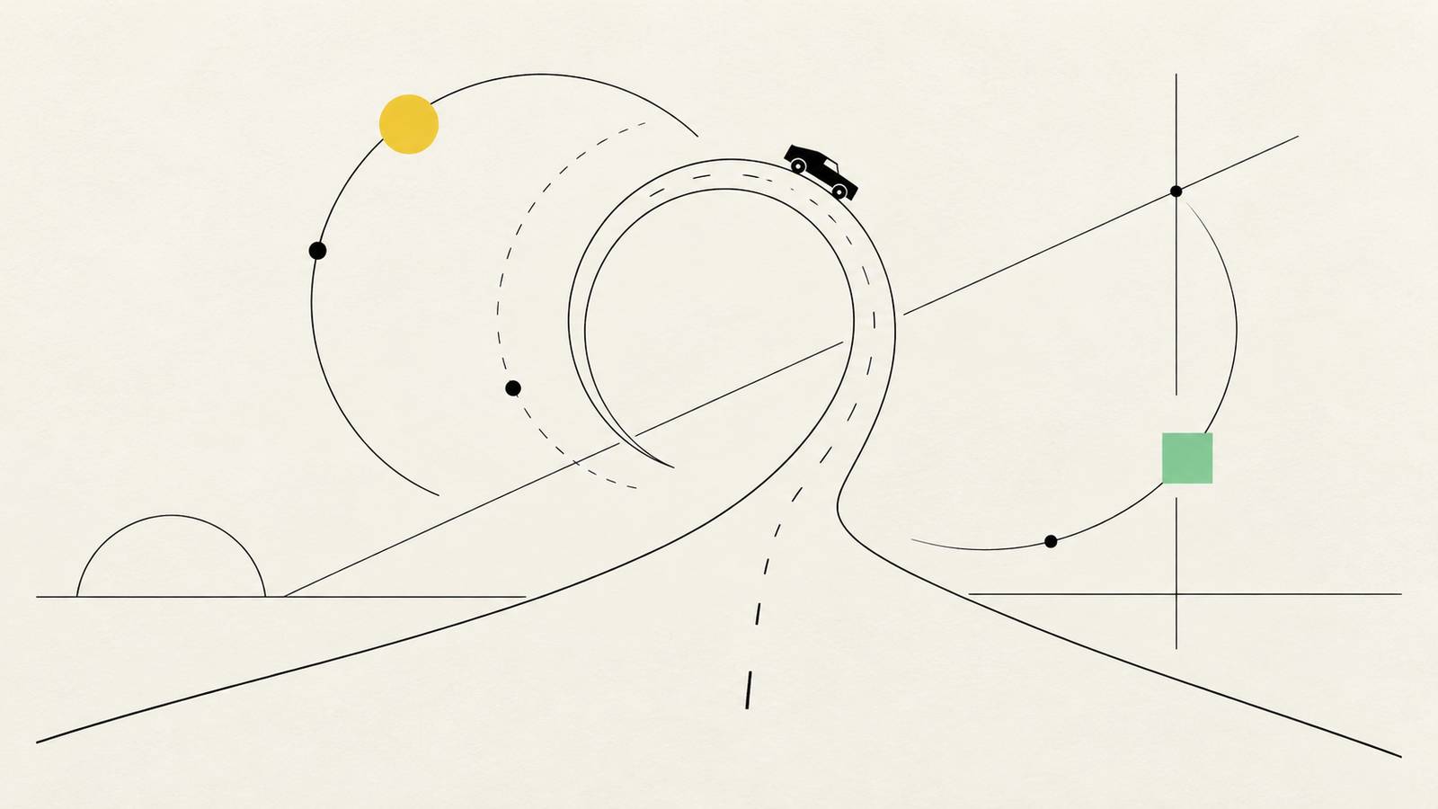 Abstrakte Illustration: zwei dünne Linien als Straße, die zu einem Looping ansteigen, ein auf reine Geometrie reduziertes Auto, dazu Punkte, Bögen, ein gelber Kreis und ein mintfarbenes Quadrat