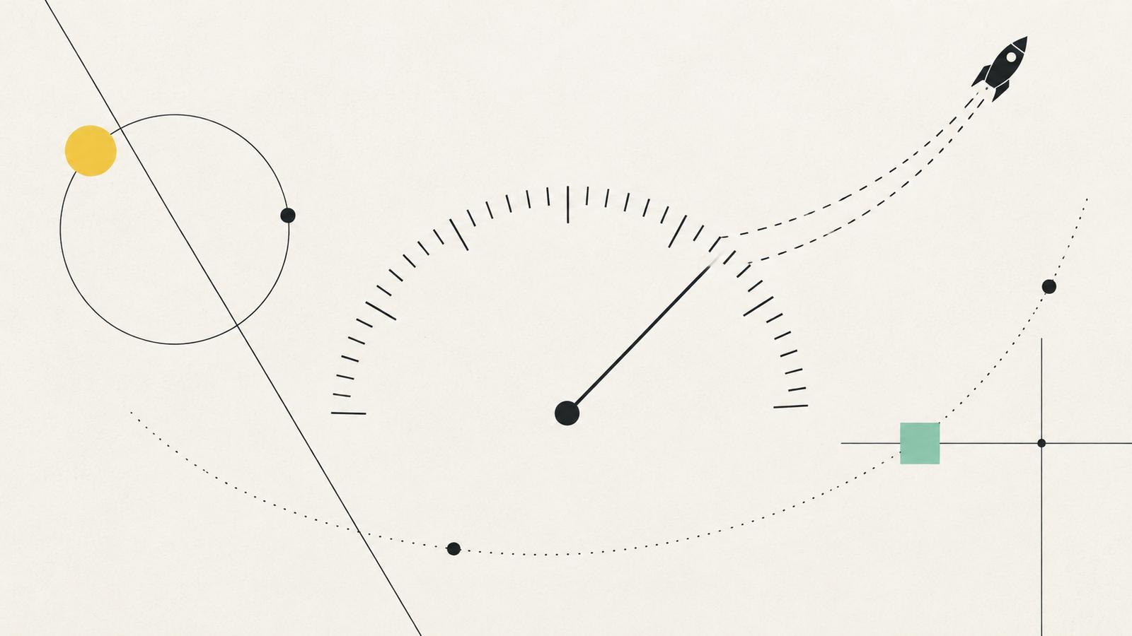 Abstrakte Illustration: ein Tachobogen aus Strichen mit einem Zeiger aus einer einzigen Linie, daneben eine gestrichelte Kurve als Raketenspur, ein gelber Kreis und ein mintfarbenes Quadrat