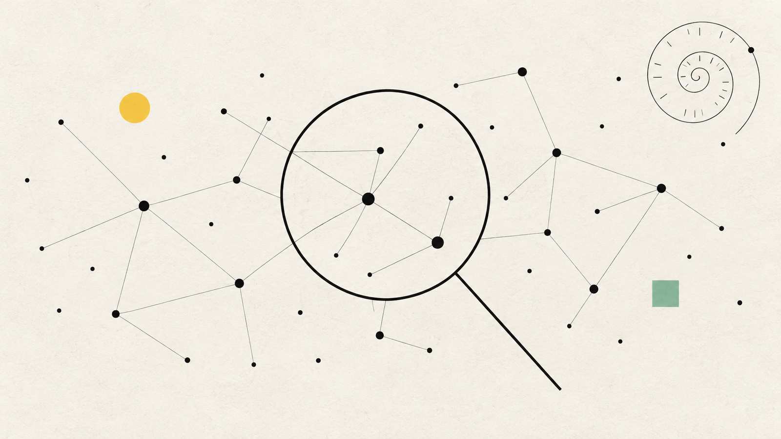Abstrakte Illustration: eine Lupe als Kreis mit Griff über einem Feld aus Punkten und dünnen Linien, dazu ein kleines Spiralzifferblatt, ein gelber Kreis und ein mintfarbenes Quadrat