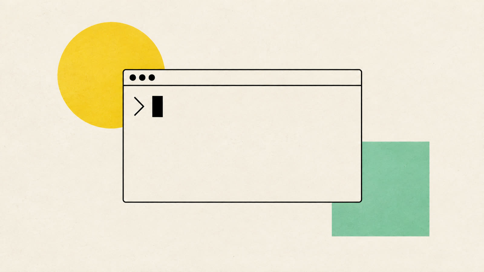 Abstrakte Illustration: ein Terminal-Fenster als dünner schwarzer Linien-Umriss mit Prompt-Pfeil und Cursor-Block, dazu ein gelber Kreis und ein mintfarbenes Quadrat auf hellem Papierhintergrund