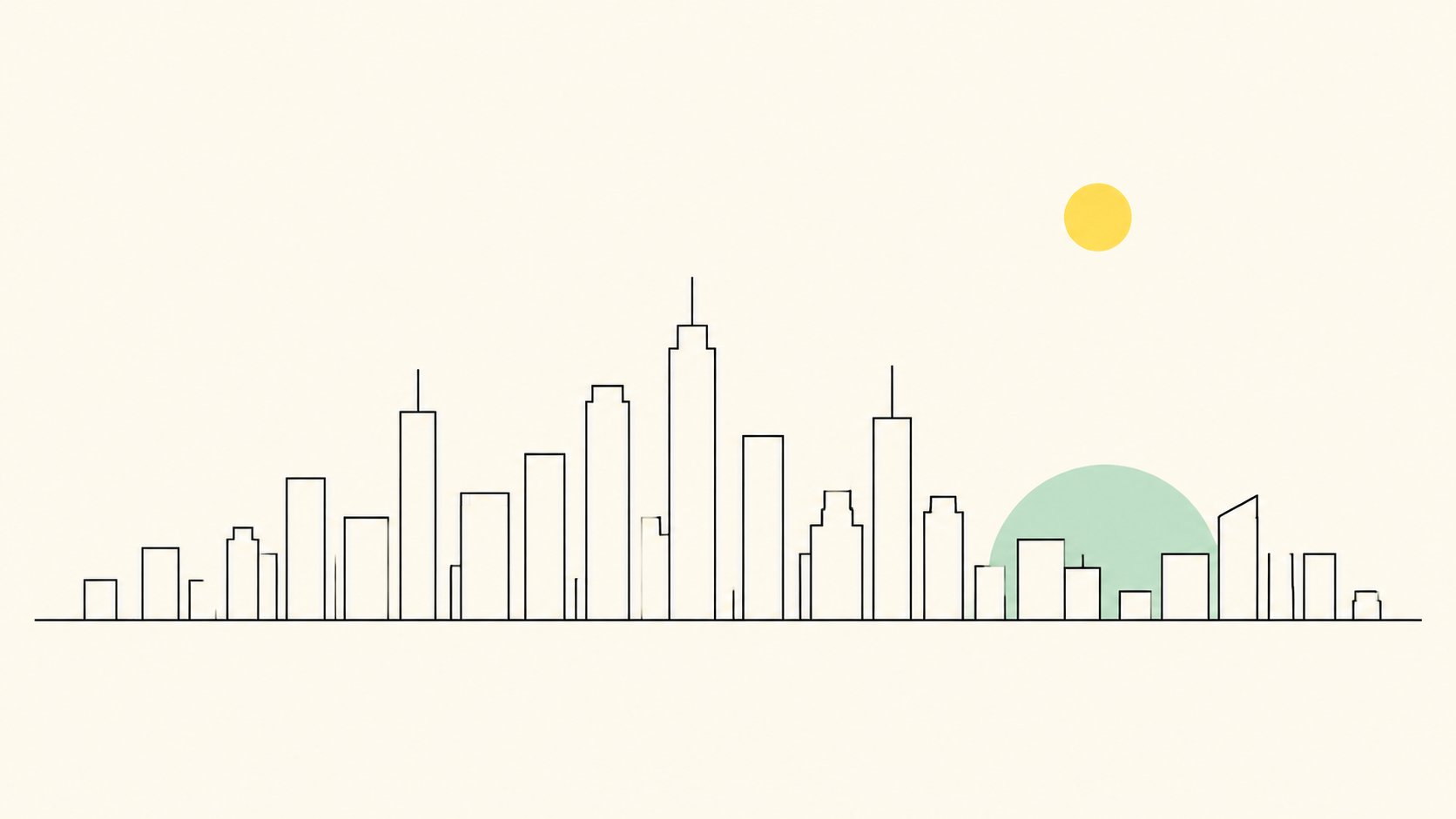 Abstrakte Illustration: eine Skyline aus dünnen schwarzen Linien mit Häusern unterschiedlicher Höhe wie ein Balkendiagramm, dazu ein gelber Kreis als Mond und ein mintfarbenes Halbrund am Horizont auf hellem Papierhintergrund