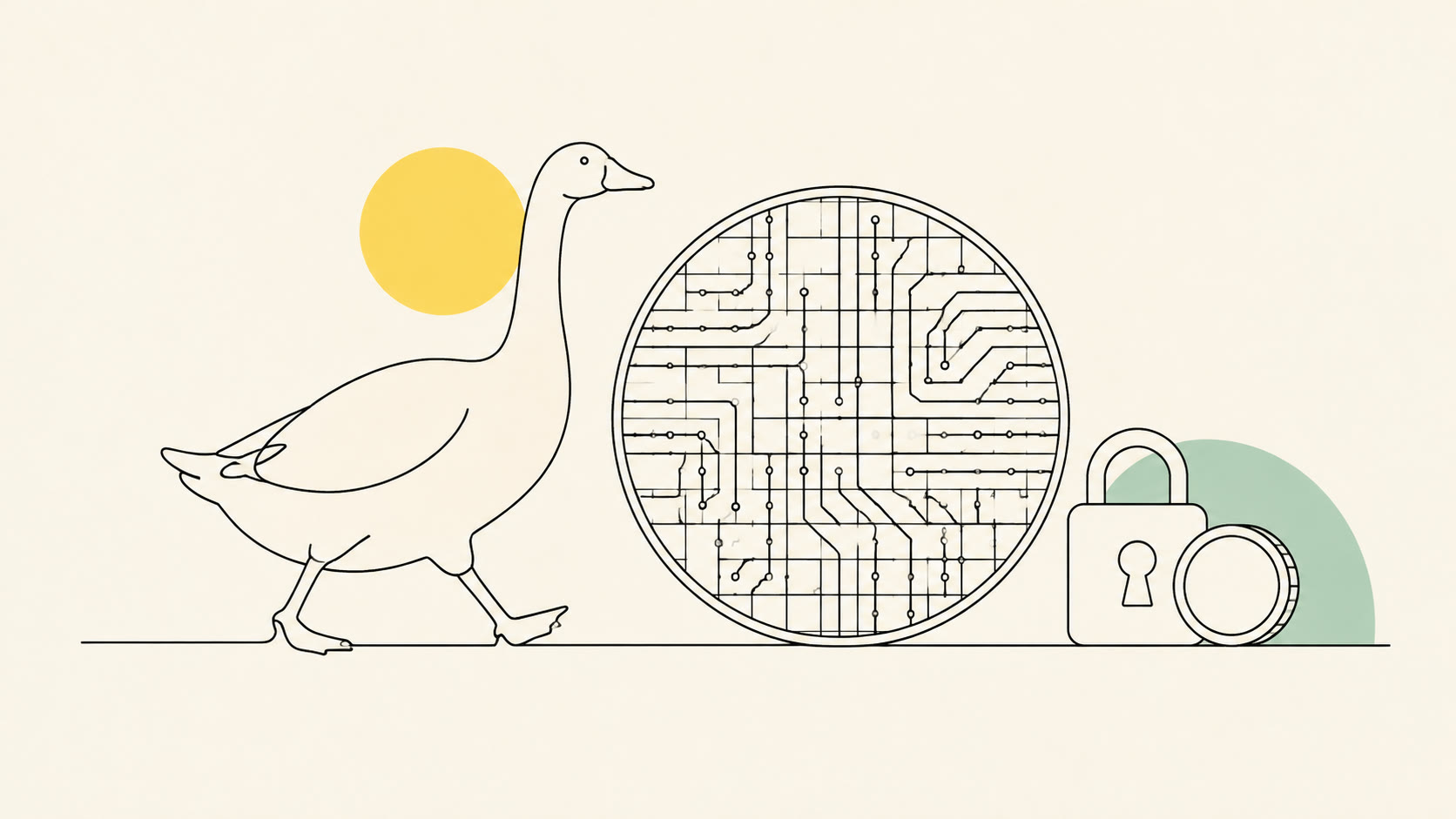 Abstrakte Illustration: eine Gans aus einer einzigen dünnen schwarzen Linie neben einer runden Silizium-Wafer-Scheibe mit feinen Leiterbahnen, daneben ein kleines Vorhängeschloss mit einer Münze; ein gelber Kreis und eine mintfarbene Fläche als Akzente auf hellem Papierhintergrund
